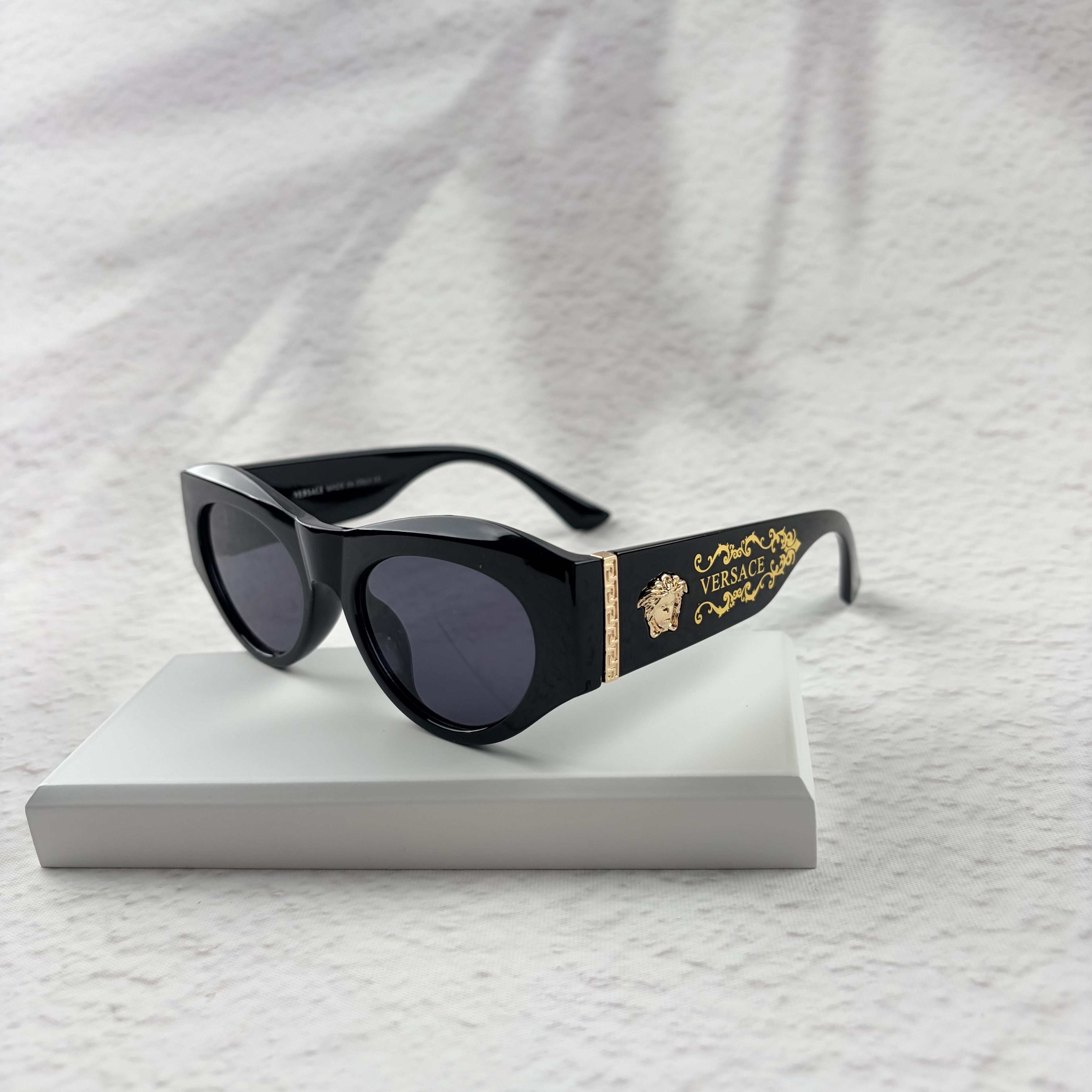 Classic Black Cat-Eye Sunglasses with Gold Baroque Temples