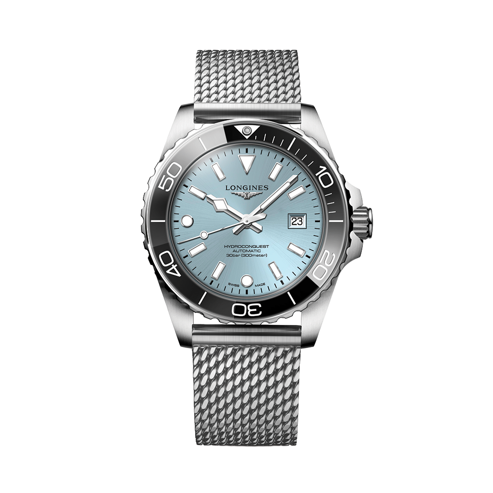 Longines HydroConquest 42mm Watch - Blue, Black Bezel on Mesh Bracelet