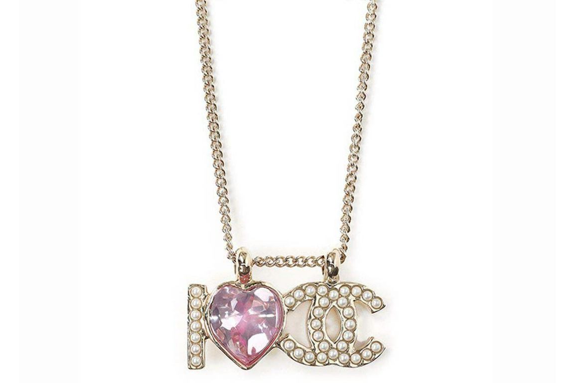 Chanel Crystal Heart I Love CC Logo Necklace Gold/Pink (AB8709)