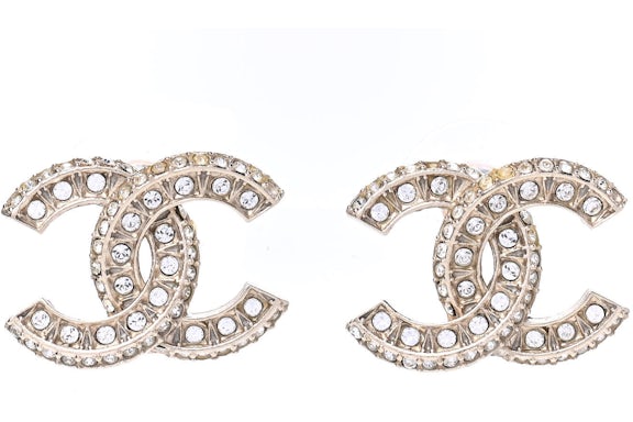 Chanel Crystal Timeless CC Earrings Light Gold
