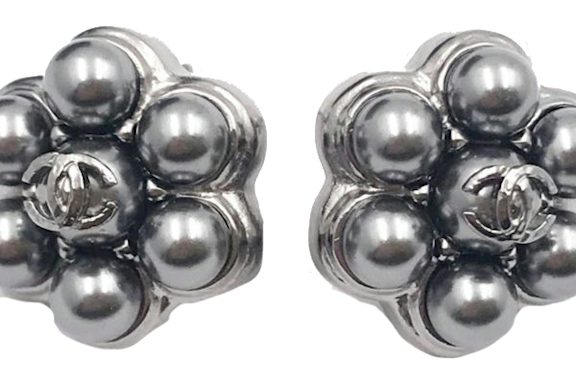 Chanel Faux Pearl Flower Earrings Gunmetal Silver