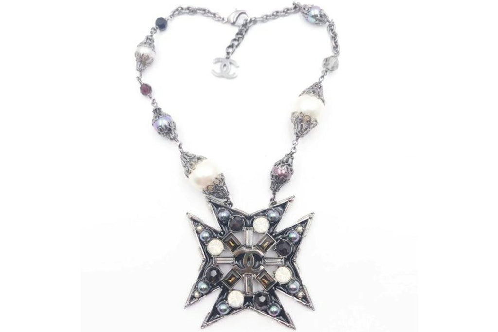 Chanel Faux Pearl Star Necklace Gunmetal Silver Multicolor