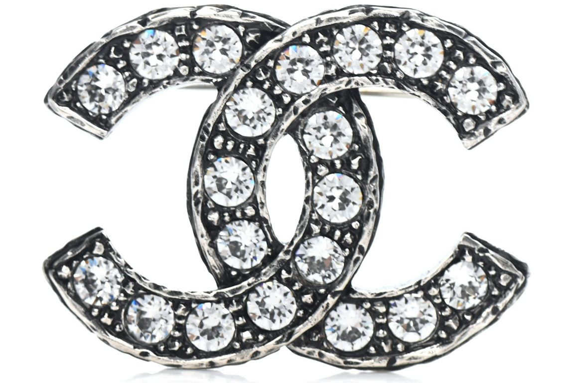 Chanel Ruthenium Crystal CC Brooch Silver