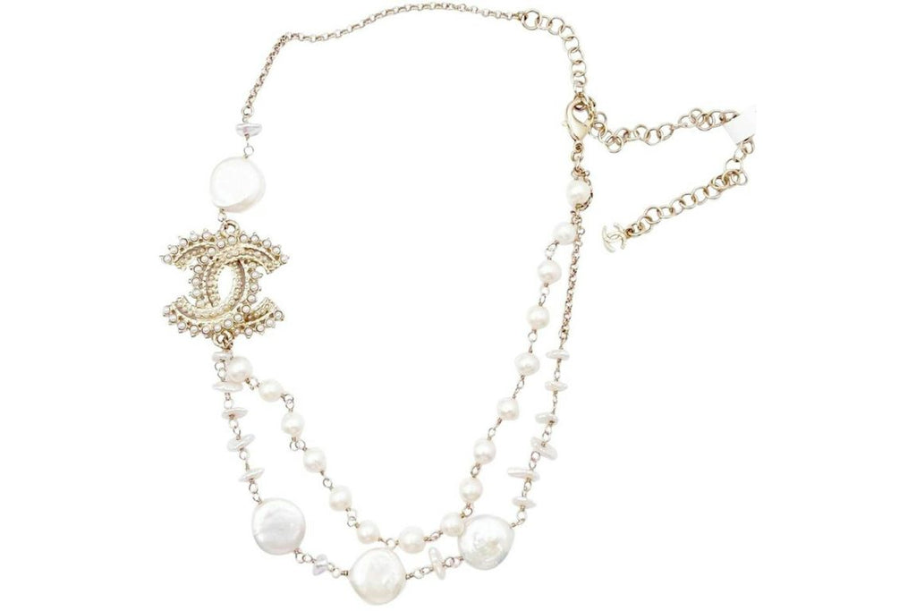 Chanel Stud CC Freshwater Pearl Chain Necklace Gold