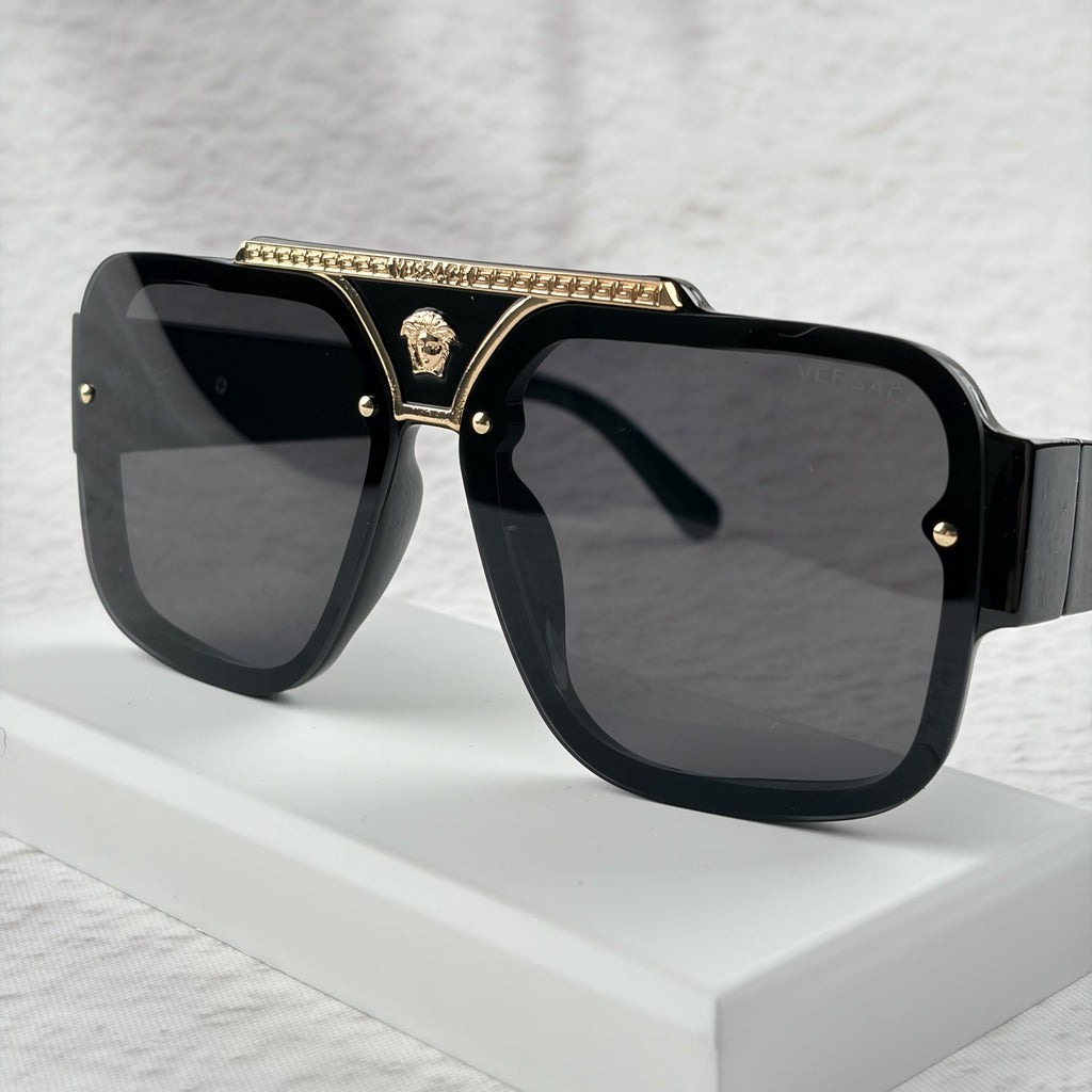Oversized Flat-Top Sunglasses - Luxury Gold-Accent Shield Shades