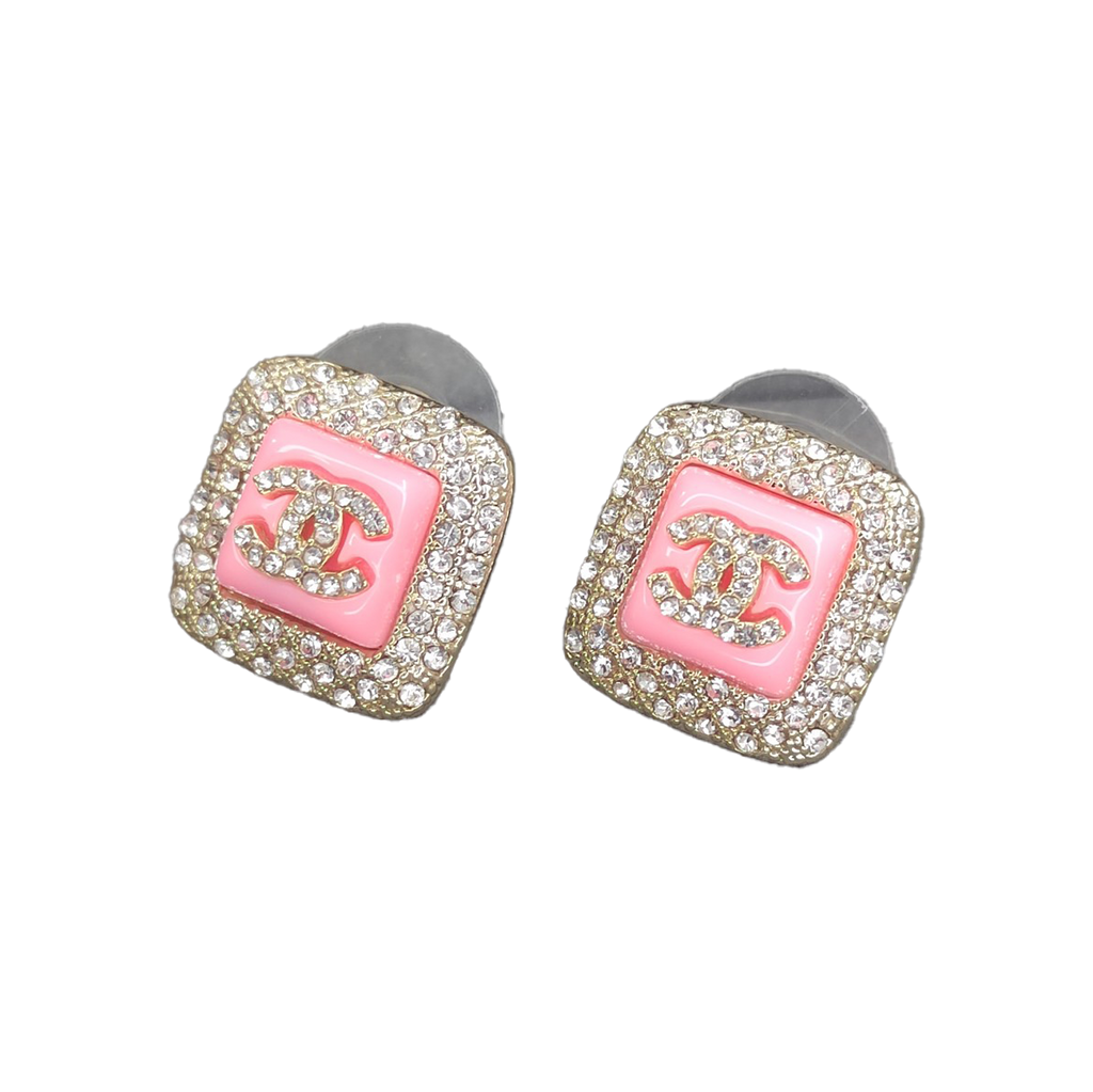 18K  Chanel Diamond Square Pink Earrings