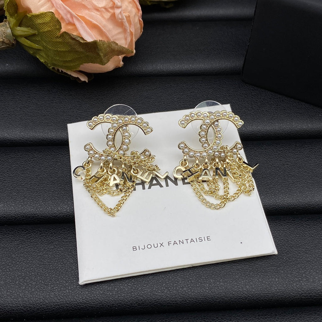 18K  Chanel Pearl Chain Link Earrings