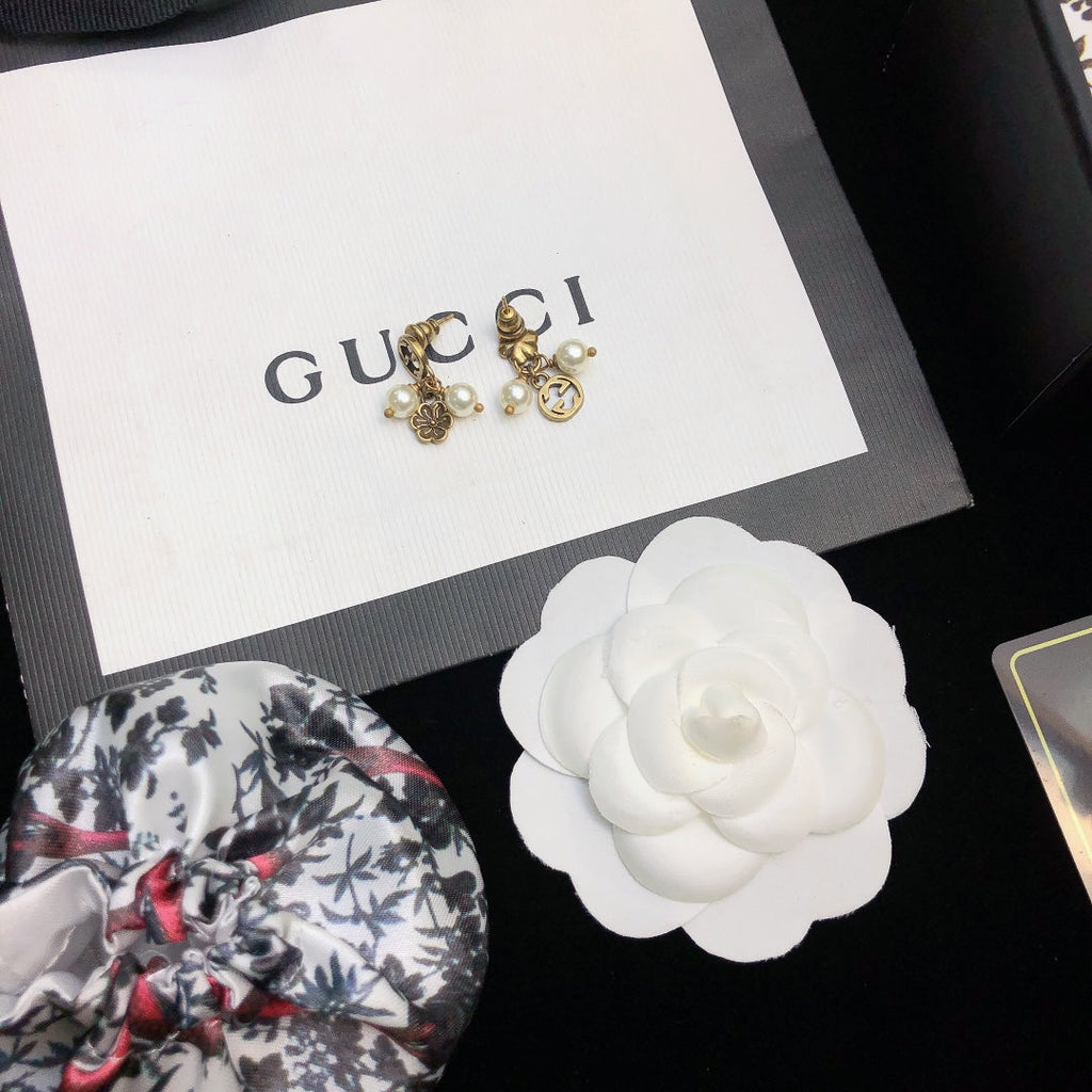 18K Double Gucci Flower & Pearl Pendant Earrings