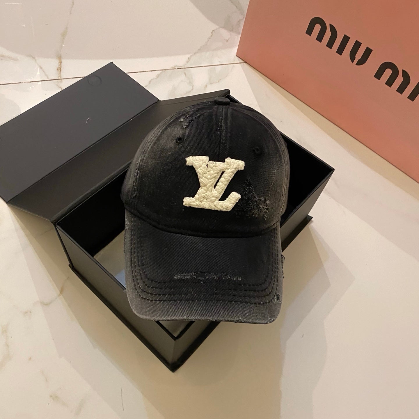 LV Baseball Cap with Distressed Craft and Woven Logo